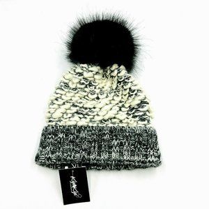 Kyi Kyi Canada Black & White Looped Yarn Marled Pom Beanie Hat